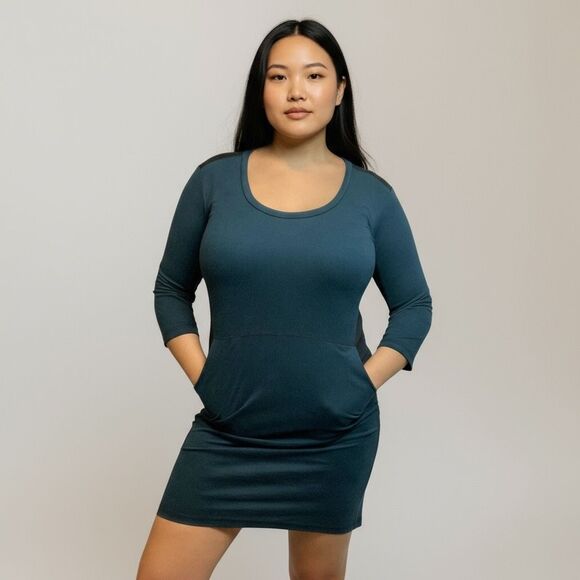 Fifth & Park mini Dress Bodycon Solid Green 3/4 Quarter Sleeve Round Neck size L - Picture 1 of 8